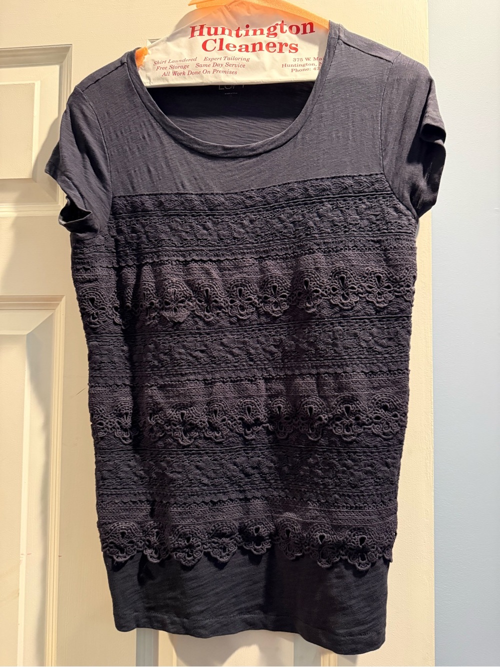 Ann Taylor Black Lace-Panel Short Sleeve Top